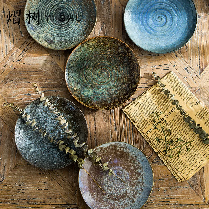 

Plates INS-Style Handmade Stoneware Dish Dishes Set Fruit Plate Retro Disk Set Household Tableware Set