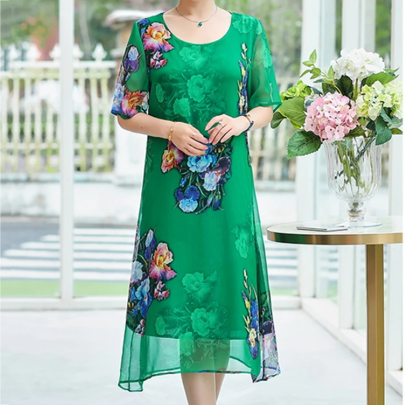 

Female summer dress mother dress dress over the knee women's chiffon short-sleeved loose casual dress