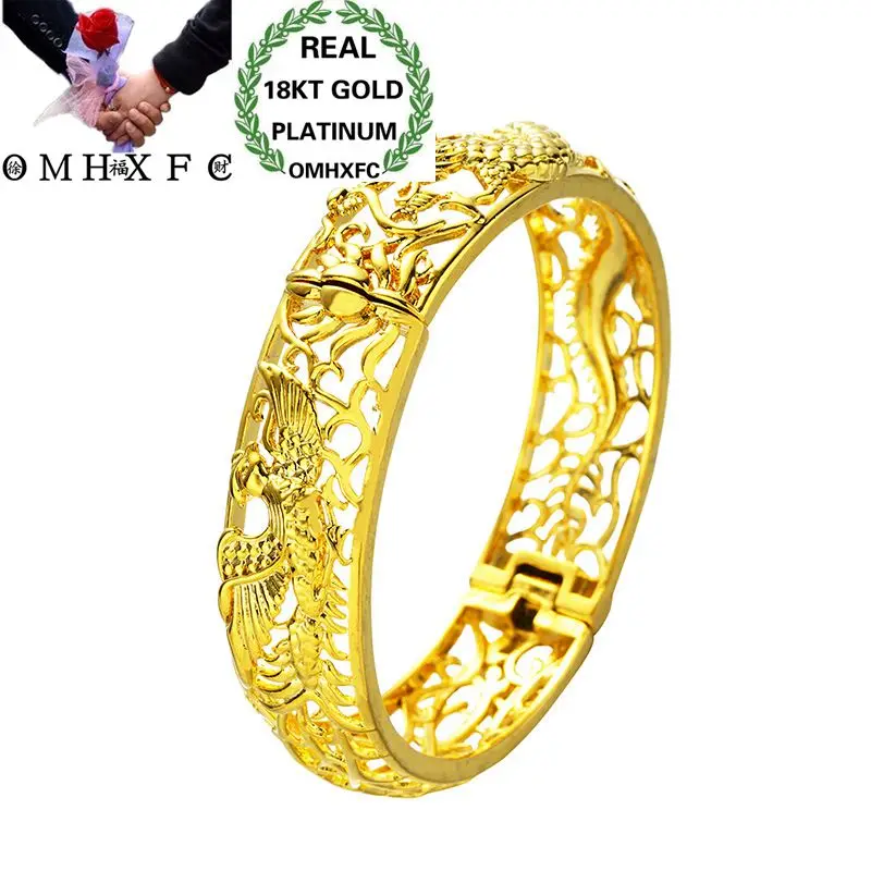 OMHXFC Wholesale European Fashion Woman Girl Party Wedding Gift Vintage Hollow Dragon Phoenix 18KT Gold Bangles Bracelets BE44 | Украшения