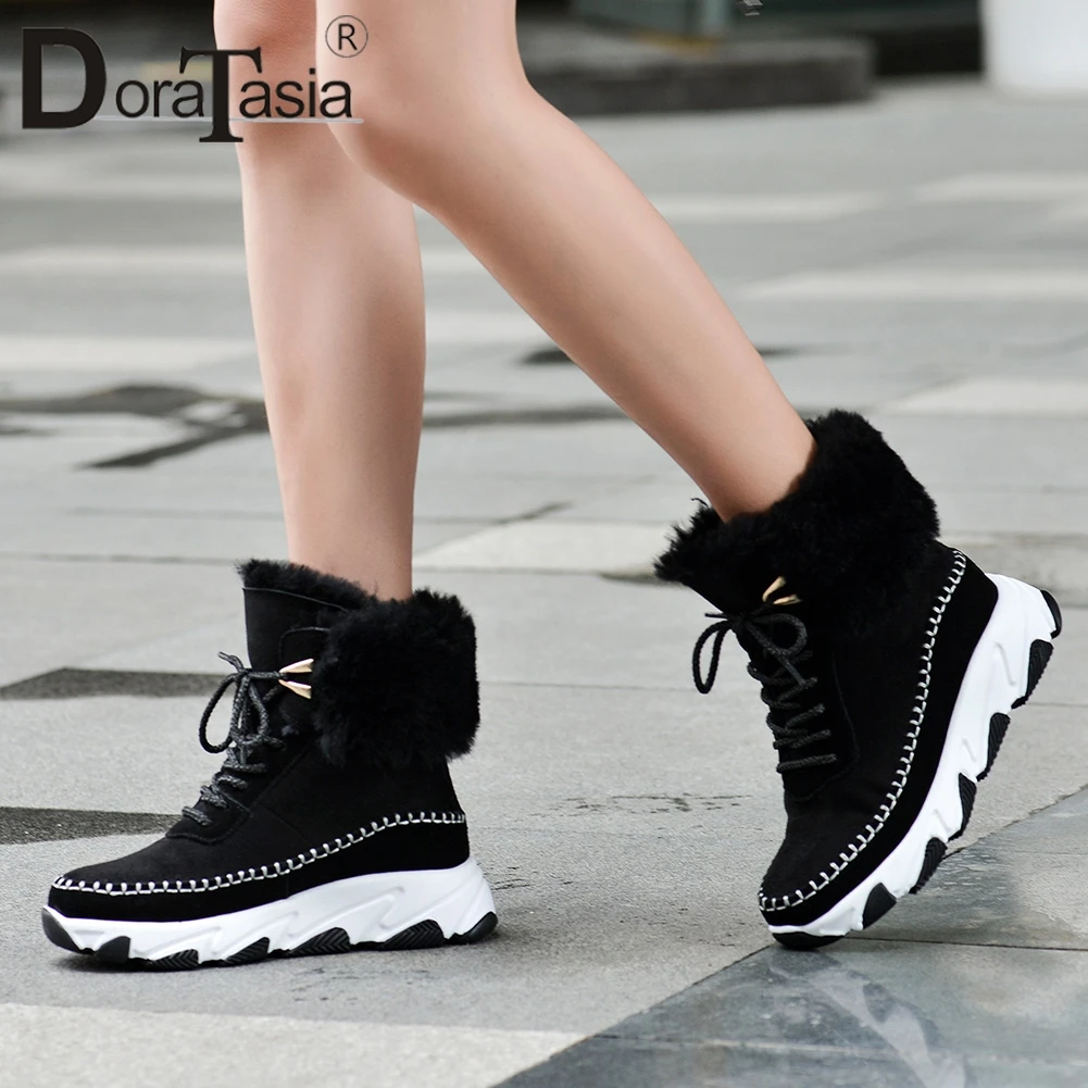 

DORATASIA New Top Quality Natural Suede Booties Ladies Super Warm Ankle Snow Boots Winter non-slip Wedges Women Fur Shoes Woman