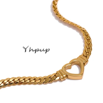 Yhpup Heart Chain Necklace Stainless Steel for Women Fashion Metal Texture Flat Collar Waterproof Necklace Girlfriend Gift