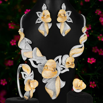 

4PCS Luxury Bicolor 3D Flowers Statement Choker Jewelry set For Women Wedding African Cubic Zircon CZ Dubai Bridal Jewelry