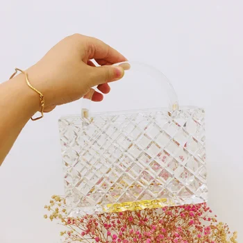 

Transparent totes bag Clear acrylic PVC plastic Plaid box bag women girl vintage retro evening party handbag summer bag
