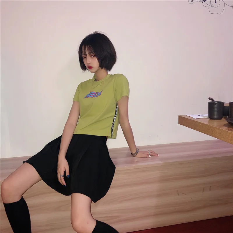 Lychee Harajuku клетчатая женская футболка с буквенным принтом, короткий рукав, укороченный топ, женская футболка, свободные женские футболки, футболки