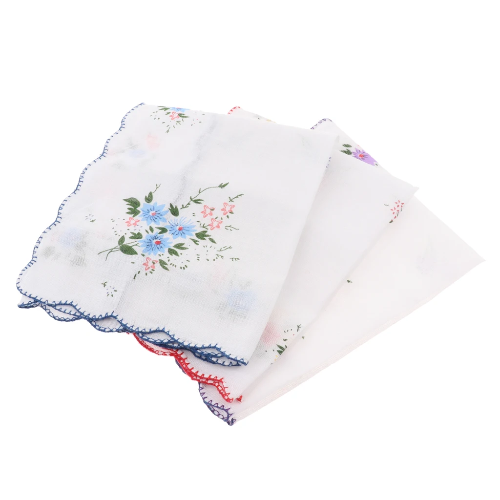 3 Pack Flower Embroidered Handkerchief Women 100% Cotton Square Pocket Hanky Girls Cute Wavy Edge Kerchiefs Hankie