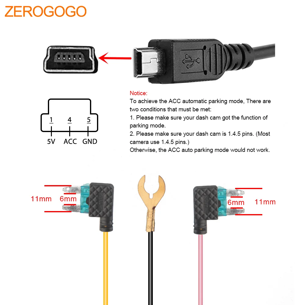 Комплект жесткого провода ZEROGOGO 12 В до 5 Кабель адаптер для видеорегистратора