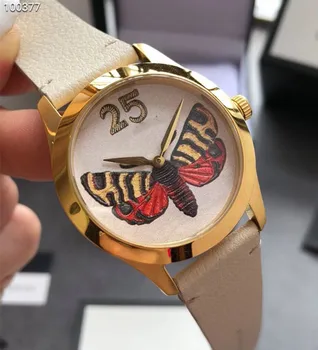 

5 colors Luxury Brand Genuine Leather Watch bee insect butterfly watch lady Quartz Wrist watch Women round circle cameo watch
