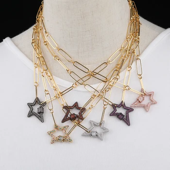

3Pcs/Lot Rainbow Zirconia Five Point Star Spiral Clasps Pendant Necklace CZ Lock Clasps Gold Metal Punk Necklace Long 18 Inch