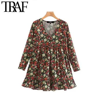 

TRAF Women Vintage Sweet Floral Print Pleated Mini Dress Fashion V Neck Long Sleeve Female Dresses Casual Vestidos Mujer