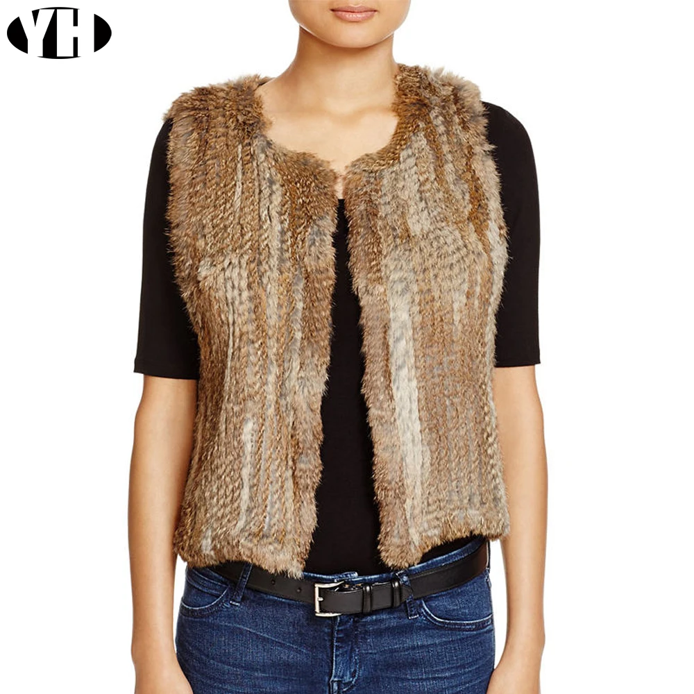 Зимний женский натуральный кроличий мех жилет Женский Повседневный вязаный