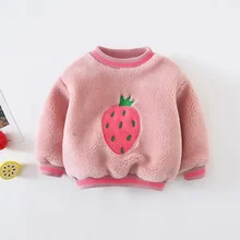 Теплые зимние плотные бархатные толстовки для девочек верхняя одежда для детей, малышей, младенцев, клубника, флисовый пуловер Толстовка WT927