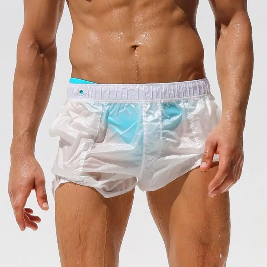 Новые белые прозрачные пляжные шорты мужские плавки для геев maillot de bain homme быстрый сухой купальник спортивные трусы для плавания 247