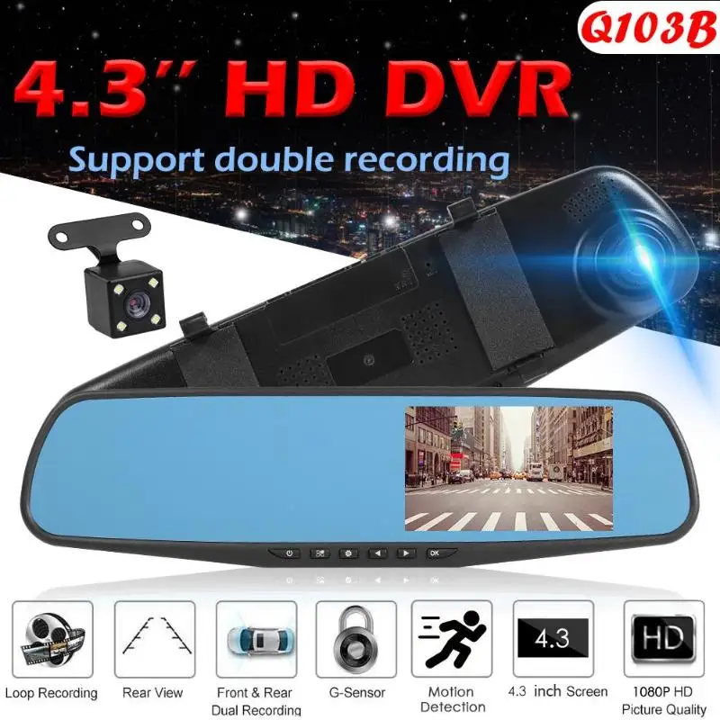 Q103B 4,3 дюймовый ips HD дисплей 1080p двойная запись видео до и после многоязычного бесшовного видео 16 Гб карта памяти