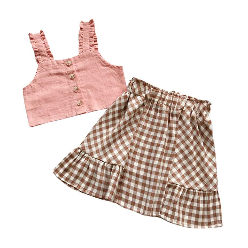 Pink Одежда для новорожденных мальчиков; коллекция года; однотонная жилетка на бретелях с рюшами для маленьких девочек; комплект одежды из топа и клетчатой юбки; conjunto infantil menino - Цвет: Pink