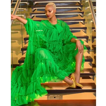 

Chic One Layer Tulle Prom Gowns Ruffles Floor Length Unique Evening Party Dresses Casual Puffy Sleeves Green Illusion Dress