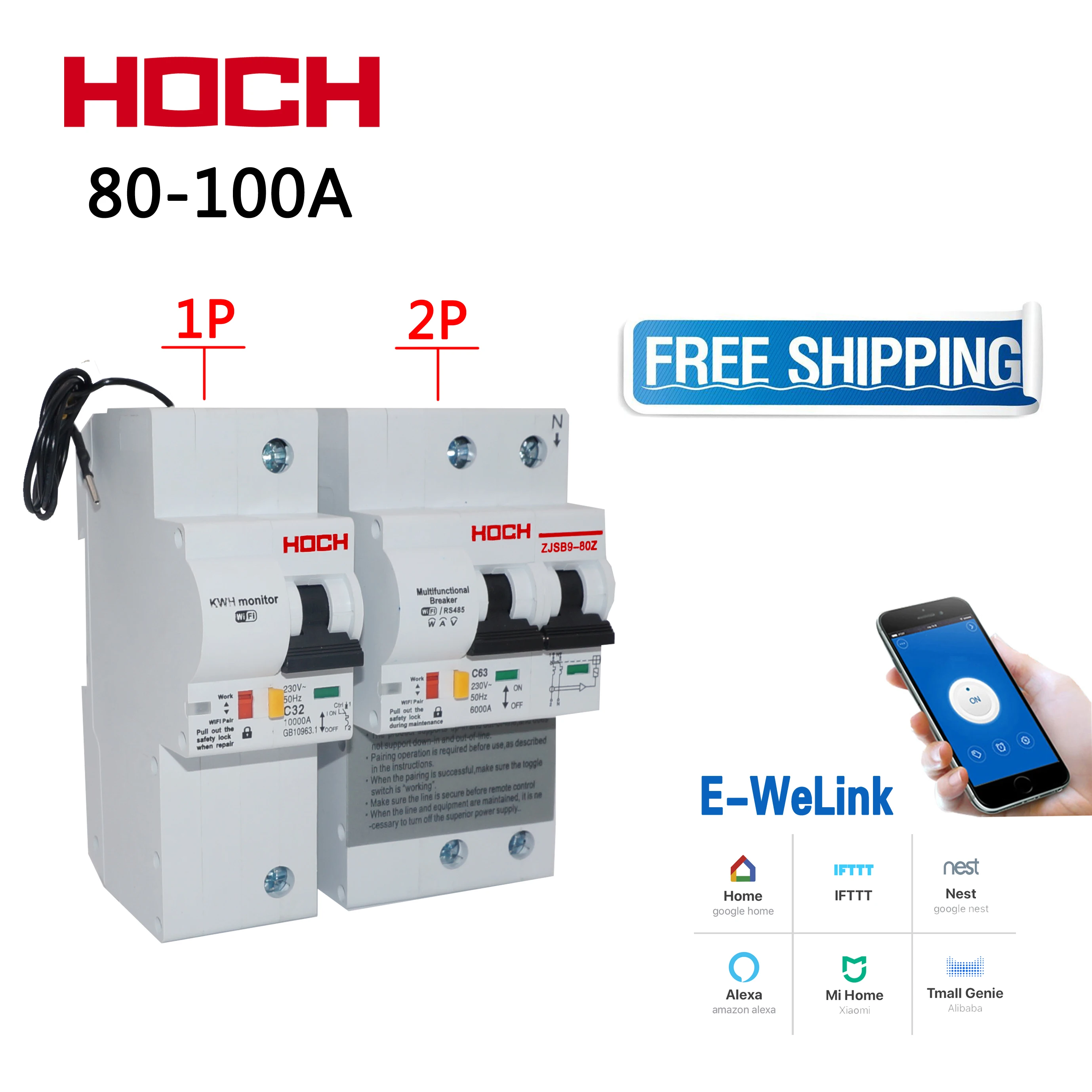 

HOCH ZJSB9-80Z WIFI Circuit Breaker Energy Monitoring FACTORY timer Remote Control 1P/2P Ewelink app smart Switch free shipping