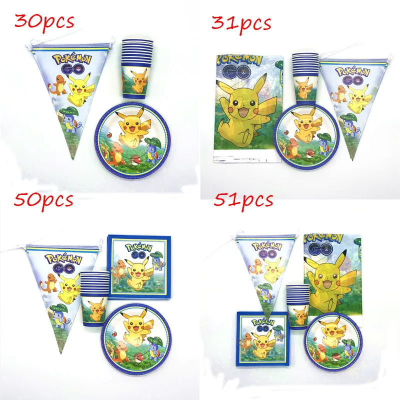 

51pcs/lot Pokemon Go Cartoon Theme Disposable Decorations Tableware Set Cup Plate Napkin Flag Tablecloth Pikachu Party Supplies