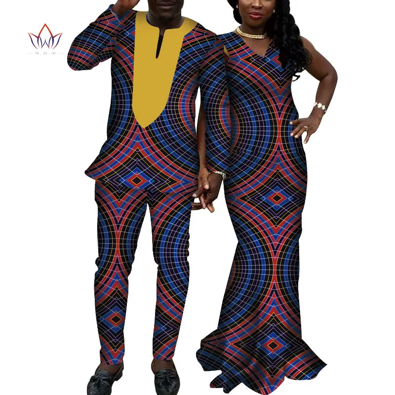 Африканский принт платья для женщин Базен Riche Длинные платья без рукавов Африканский мужской топ и брюки африканская пара одежды WYQ158 - Цвет: 15