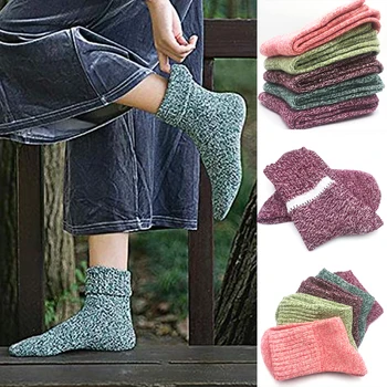 

5 Pairs Thick Women Socks Breathable Wear Resistant Knitting Keep Warm Winter Sweat Absorption Artificial Wool Soft Mid Calf