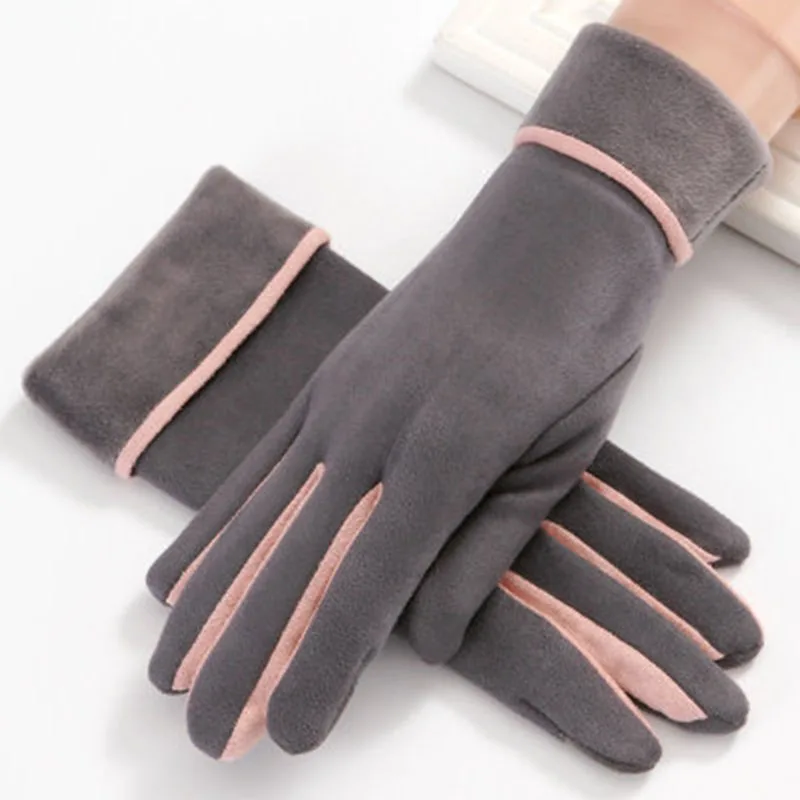 Женские перчатки Зимние Замшевые Кожаные перчатки с сенсорным экраном модные теплые перчатки для пальцев флип и бархатные Утепленные перчатки для вождения E28 - Цвет: Gray