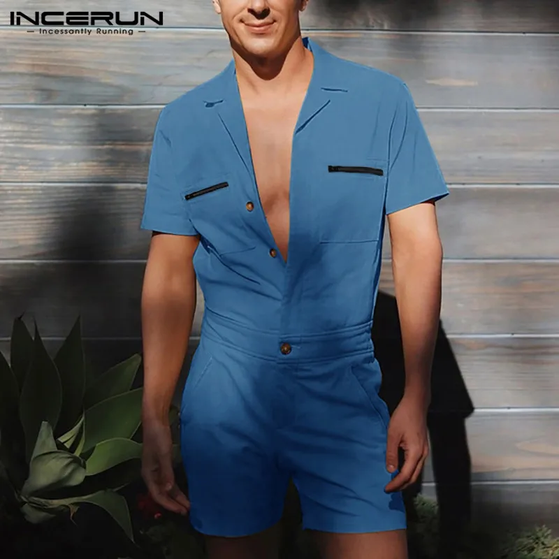 Men Shorts Jumpsuits INCERUN Rompers Pockets-Button Cargo Streetwear Casual Summer Solid