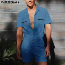 Men Rompers Solid Color Lapel Streetwear Short Sleeve Casual Jumpsuits Pockets Button Summer Cargo Overalls Men Shorts INCERUN