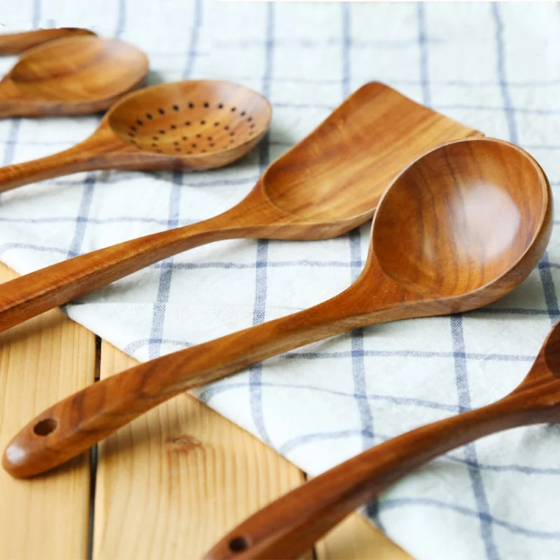 1Pcs Natural Wood Tableware Spoon Ladle Turner Long Rice Colander Soup Skimmer Cooking Spoons Scoop Kitchen Tool Set