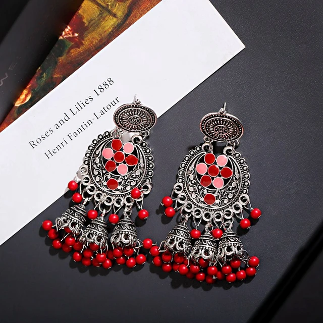 Gold Plated Kundan Enameled Jhumka Earrings with Red & Green & Blue Pe –  ShopBollyWear.Com