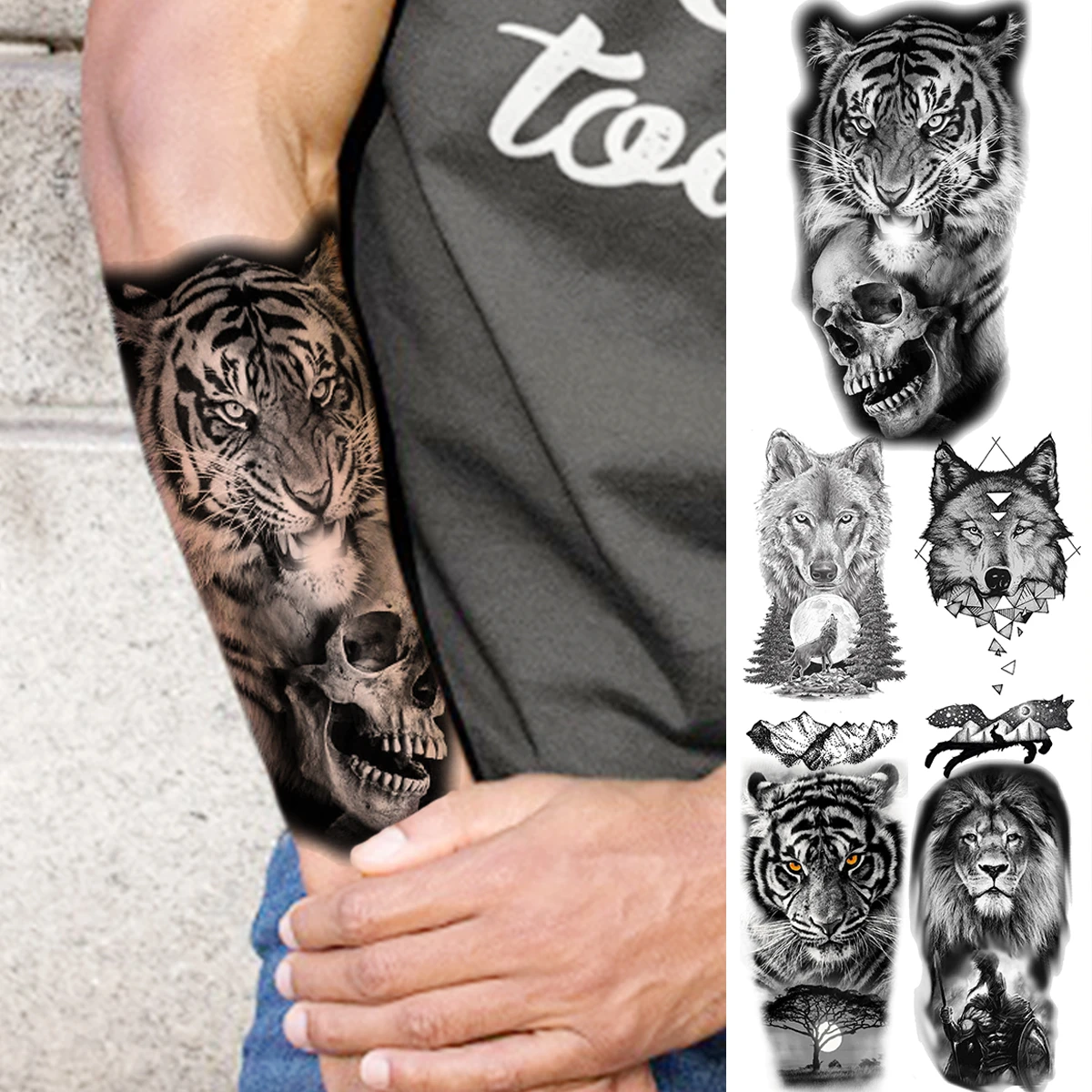 Tatouage Tigre Femme Bras Tatouages temporaires de crâne de tigre réaliste pour femmes et hommes,  faux bras, géométrique, loup, forêt, tigre guerrier | AliExpress