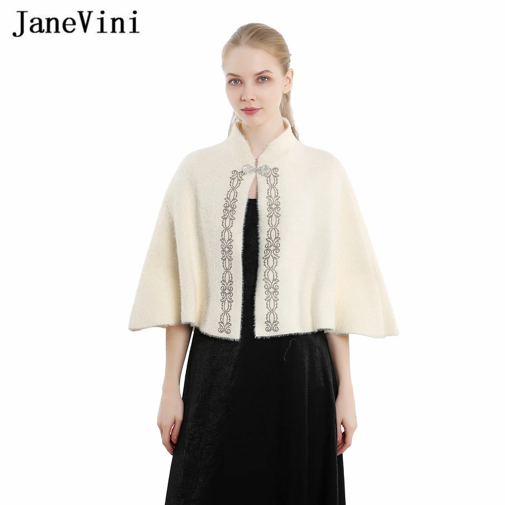 JaneVini Vintage Ivory Wedding Faux Fur Cape 2021 Soft Bridal Coat Cloak Winter Warm Jacket Bolero Outerwear Women Shawls Wraps