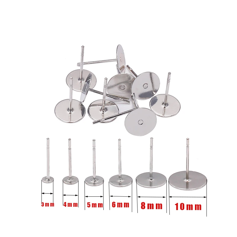 

100pcs 304 Stainless Steel 3-12mm DIY Earring Studs Flat Round Head Earring Pin Base Tray Ear Jewelry Supplies Finding