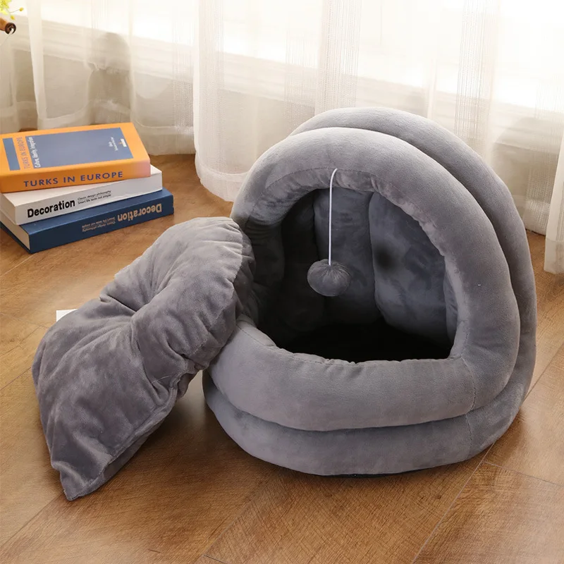 With Cloth Ball Play Cat Nest Winter Warm Cat Semi Closed Cat House Plush Thickened Cat Villa All Season Small Dog Kennel