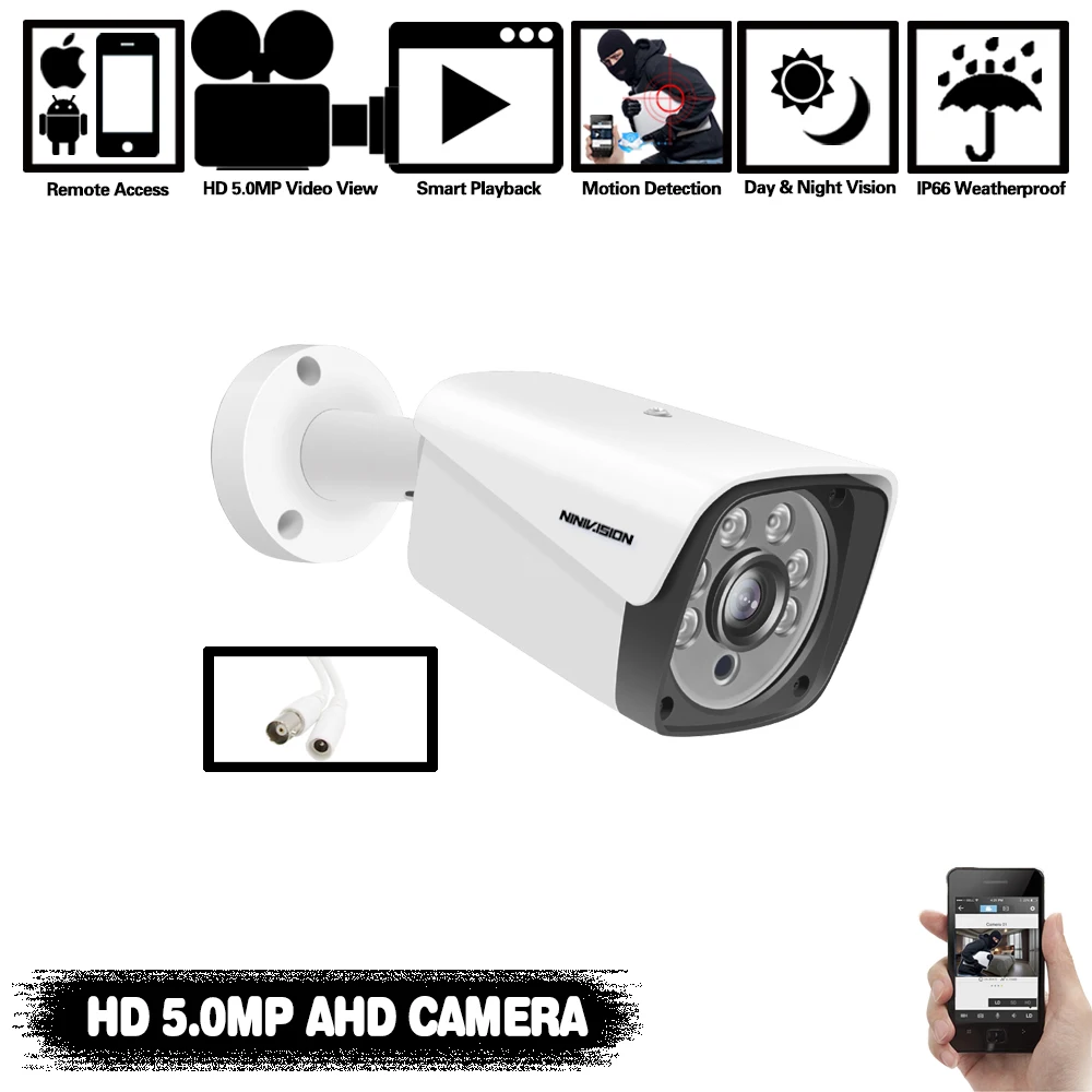 NINIVISION New Super HD 5MP AHD Camera Waterproof 24pcs IR LEDS Security Camera AHD-5mp System Video Surveillance With Bracket
