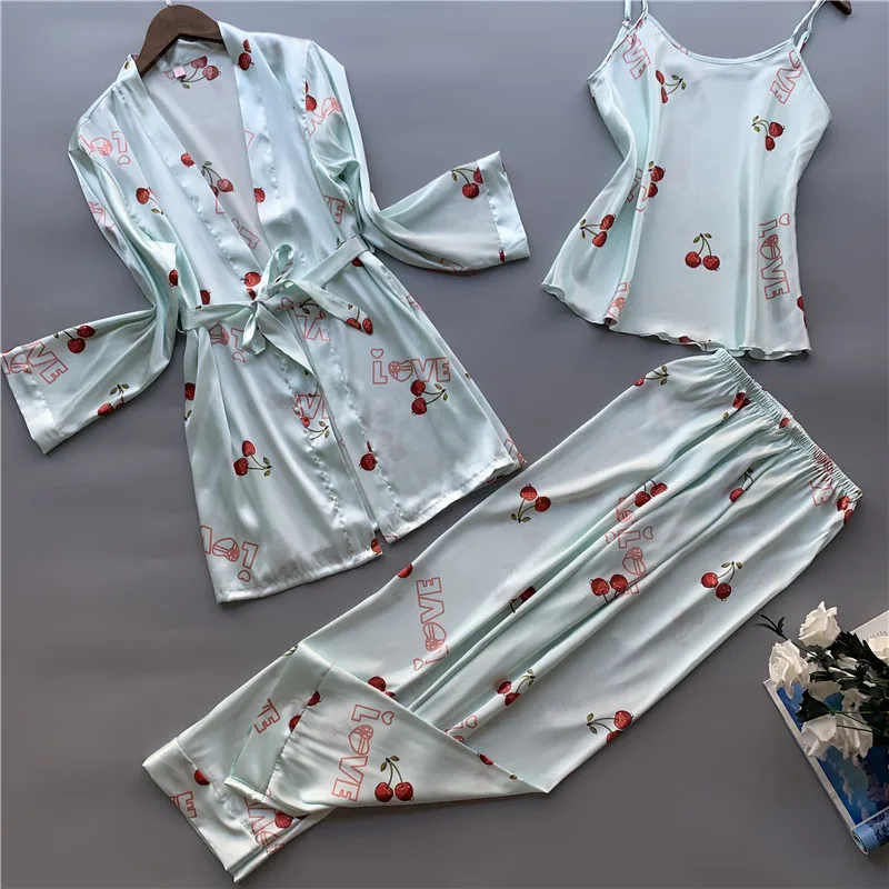 picture color MECHCITIZ, осенняя сексуальная одежда для сна, женские пижамные комплекты, шелковая пижама, женские зимние платья Брюки, 3 шт., атласная пижама, домашняя одежда, нижнее белье - Цвет: picture color