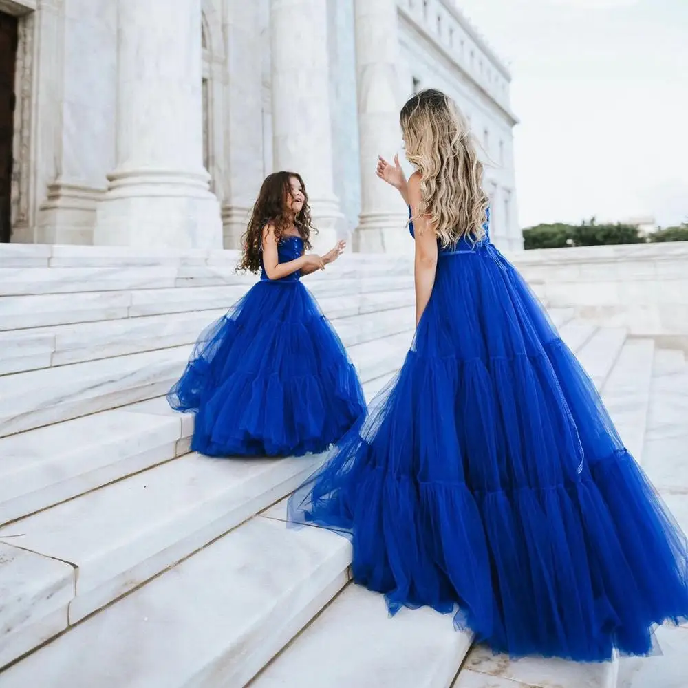 Royal Blue A-Line Mommy & Me Long Tulle Dress Tiered Women Kids Tulle Skirt Dresses Long Maxi Wear Mother & Daughter Customized