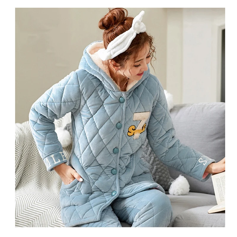 Зимняя Женская Стеганая трехслойная пижама из кораллового флиса, толстый милый бархатный теплый домашний костюм, одежда для сна, комплект одежды для отдыха - Цвет: SYN-05-G