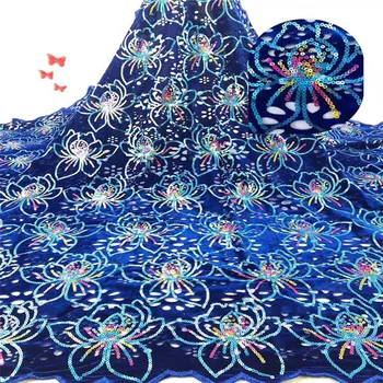 

Luxury Blue Nigerian Velvet Laces Fabrics New French Sequin Lace Fabric 2019 High Quality Lace African Velvet Lace With Sequins