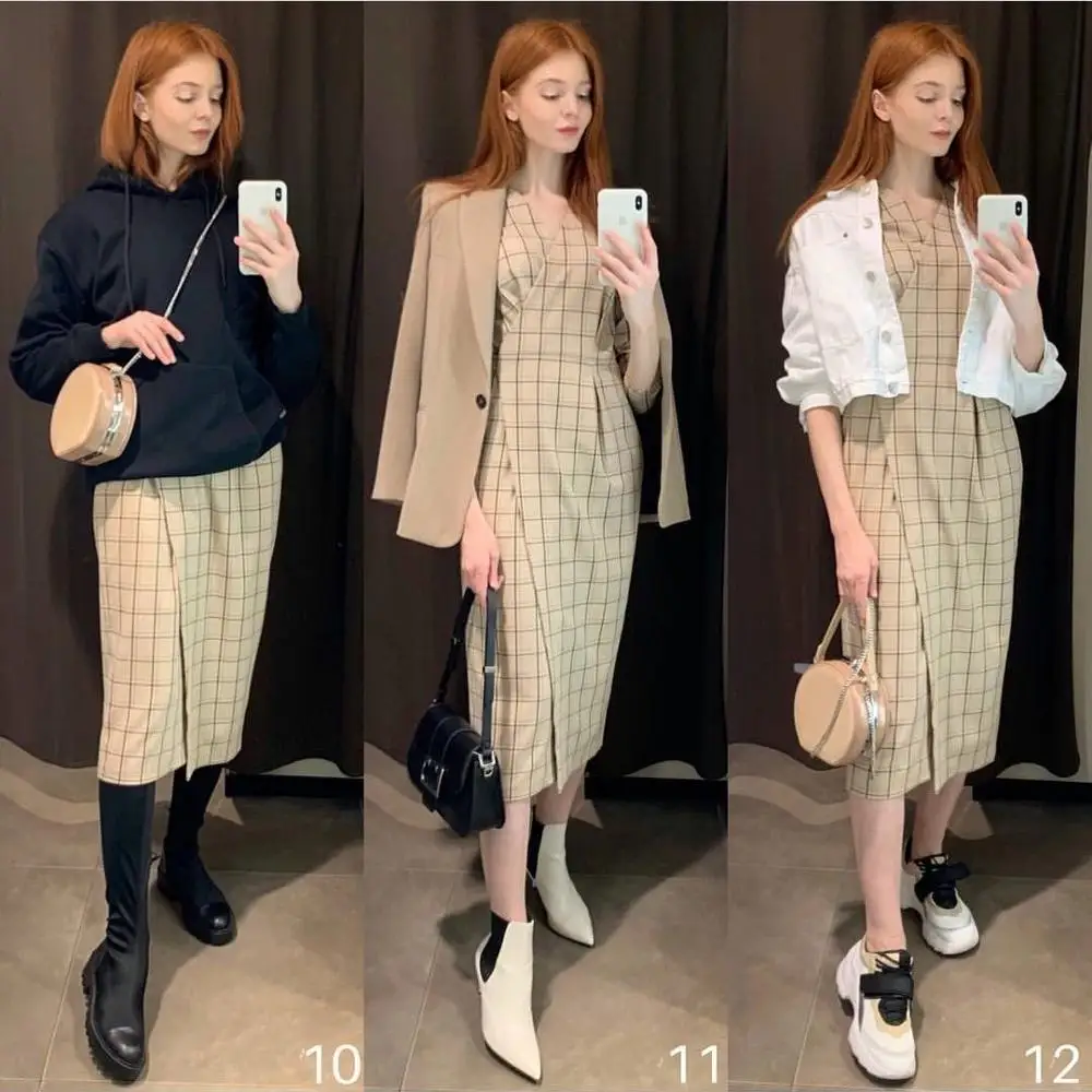 Cena Damski dekolt w kratę z rozcięciem obcisły fason przylegająca elegancka ubrania w stylu streetwear Sexy Holiday jesień nowy top sprzedaż moda zakrywające sukienki