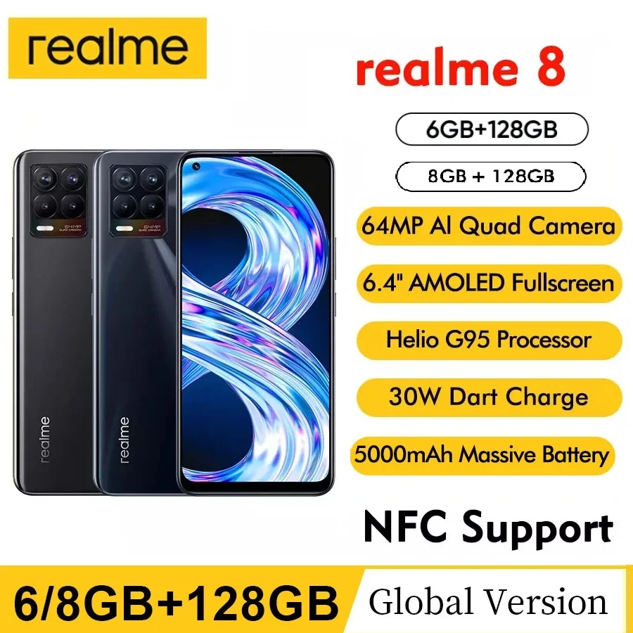 Realme-teléfono móvil inteligente 8, versión Global, 6GB/8GB, 128GB, Helio G95, Pantalla AMOLED de 6,44 pulgadas, cámara cuádruple de 64MP, carga rápida 30W, NFC