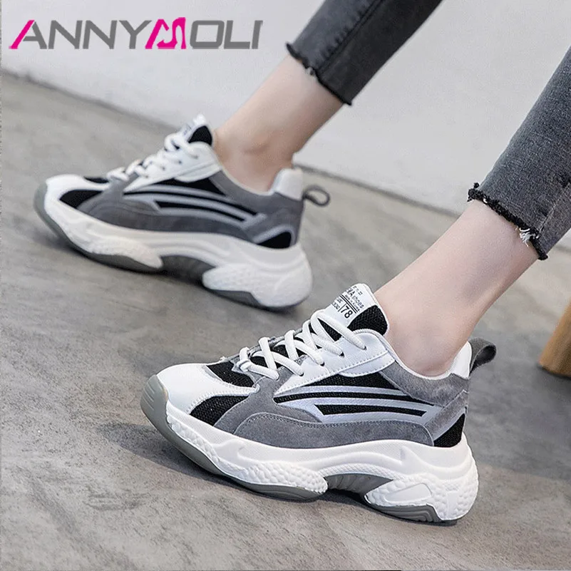 

ANNYMOLI Real Leather Flats Sneakers Women Shoes Casual Mixed Colors Flat Platform Shoes Pig Suede Round Toe Shoes Lady Size 39