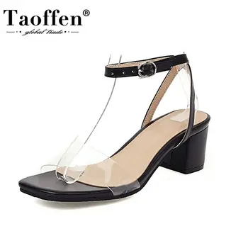 

Taoffen Plus Size 28-52 Women Sandals Shoes Fashion Patchwork Metal Buckle Square Heels Shoes Women Patent Leather Footwear