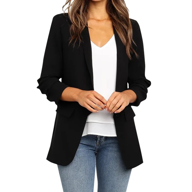 Chaqueta de manga larga para mujer, Blazer negro bolsillo, ropa de otoño, # Z15 - AliExpress