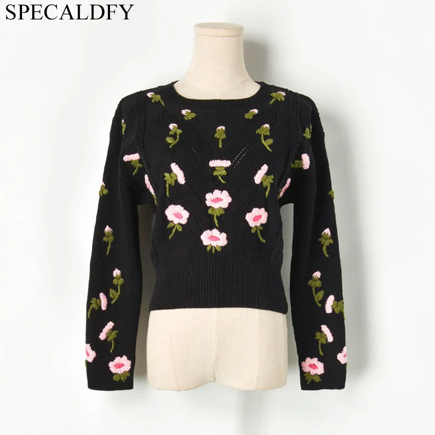 

2019 Runway Floral Embroidery Crop Tops Autumn Winter Sweater Women Long Sleeve Sweaters Knitted Pullovers Jumper Pull Femme