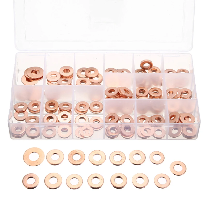 

Practical 150pcs Copper Washer Gasket Nut and Bolt Set Flat Ring Seal Assortment Kit with Box Washer Flat Seal Fitting