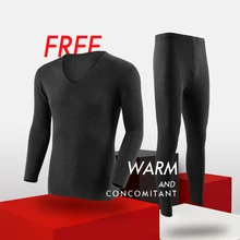 Мужское зимнее бархатное самонагревающееся термобелье бесшовная футболка с v-образным вырезом и длинными рукавами+ штаны, комплект из 2 предметов, теплые костюмы, подштанники