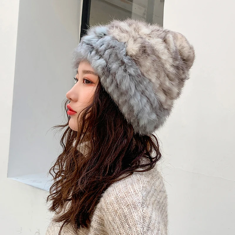 

Luxury Autumn Winter Women's Genuine Real Knitted Rabbit Fur Hats Handmade Lady Warm Caps Female Beanies Headgear GJ3172