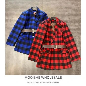 

Mooishe Spring Women Blazer Coat Square Plaid Double Pocket Buckle Belt Woolen Long Sleeve Short Loose Coat Woman