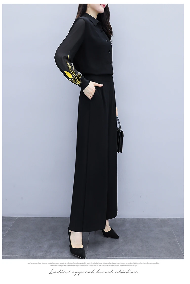 Новые продукты женский костюм Весна черная шифоновая рубашка+ Высокая талия широкие брюки Модный комплект из двух предметов женский