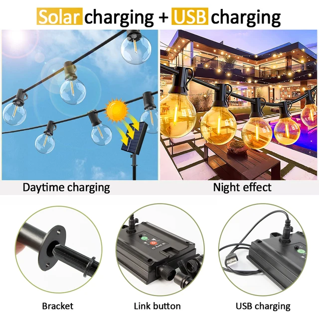 Guirlande solaire G40 pour l'extérieur, lampe suspendue résistante aux  intempéries, chargeur USB, 8 modes d'éclairage, ampoules incassables
