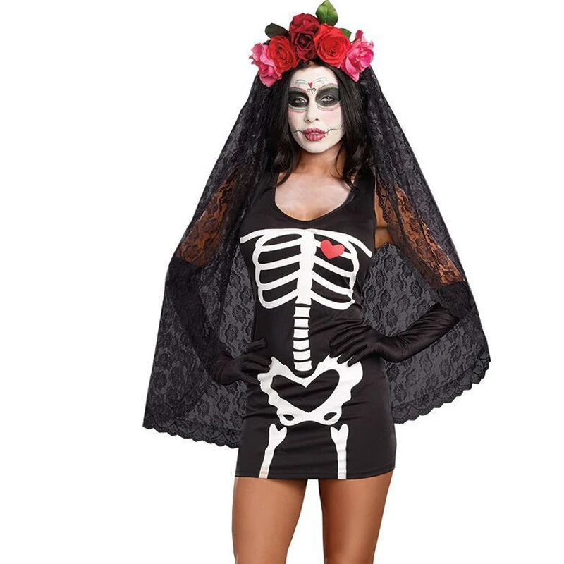 Disfraz del Día de muertos dama, del Día de los muertos, calavera de terror, esqueleto, cuerpo, novia, vestido de fiesta| | -
